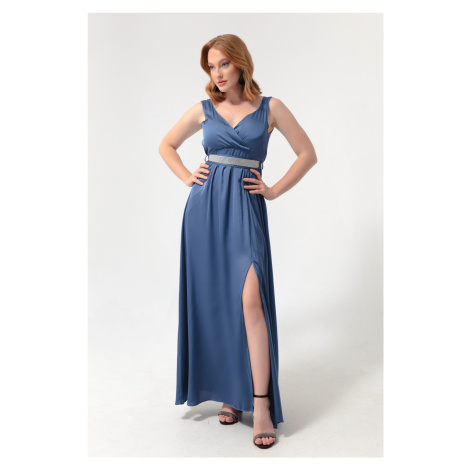 Lafaba Women's Indigo Double Breasted Collar Long Evening Dress with Stones and Belt.