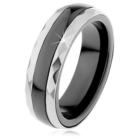 Keramický prsteň čiernej farby, brúsené oceľové pásy v striebornom odtieni - Veľkosť: 59 mm