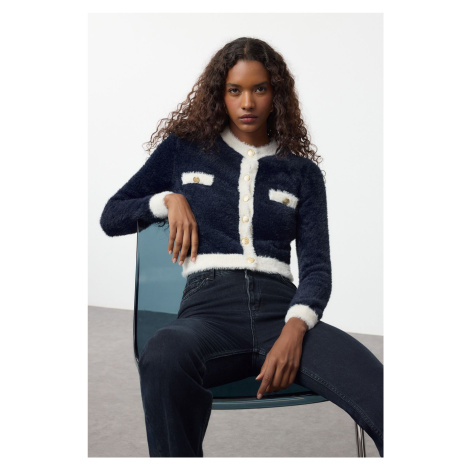 Trendyol Navy Blue Crop Beard/Fuzzy Yarn Jacket-Looking Knitwear Cardigan