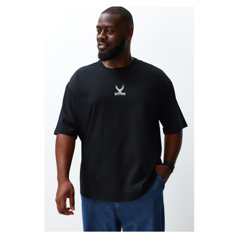 Trendyol Large Size Black Oversize Animal Embroidery 100% Cotton Comfortable T-Shirt