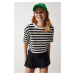 Happiness İstanbul Women's Black Crew Neck Striped Crop Knitted T-Shirt