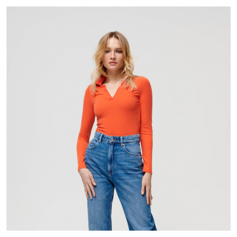 Sinsay - Tričko s dlhými rukávmi z prúžkovaného úpletu - Oranžová
