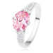 Zásnubný strieborný prsteň 925, oválny ružový zirkón, číre drobné zirkóniky - Veľkosť: 59 mm