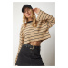 Happiness İstanbul Women's Biscuit Striped Oversize Crop Sweatshirt