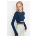 Trendyol Dark Navy Blue Crop Window/Cut Out and Thumb Hole Detail Knitted Sports Top/Blouse