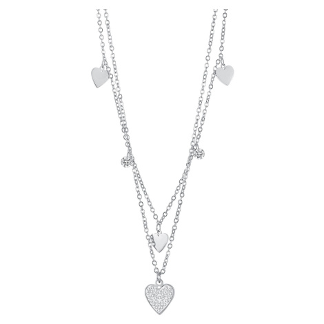 Srdiečkový náhrdelník z chirurgickej ocele - hladké a zirkónové srdcia, brúsené zirkóny, dvojitá