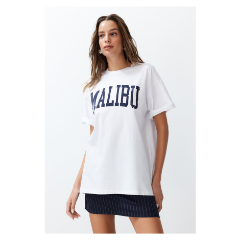 Trendyol White 100% Cotton City Slogan Printed Oversize/Relaxed Cut Knitted T-Shirt