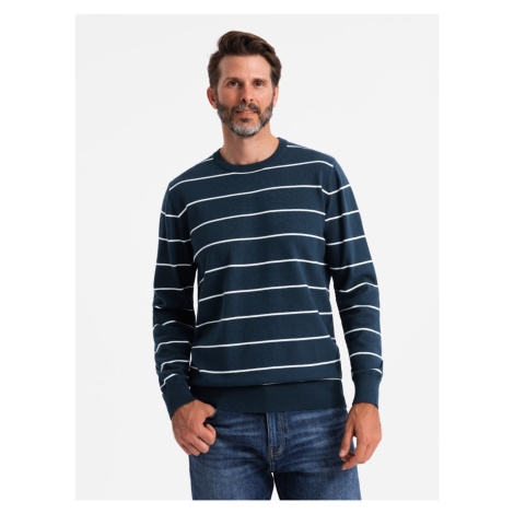 Ombre Casual men's sweater with horizontal stripes - navy blue