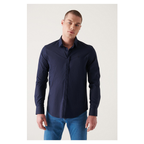 Avva Men's Navy Blue 100% Cotton Satin Slim Fit Slim Fit Shirt with Hidden Placket