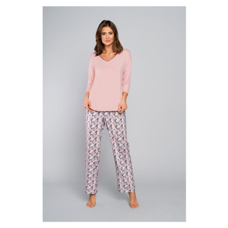 Women's bamboo pyjamas, 3/4 sleeve, long legs - powder pink/print Italian Fashion