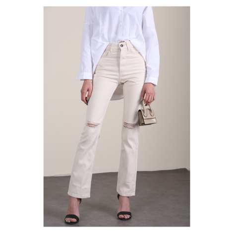 Madmext Mad Girls Beige Ripped Detailed Slim Fit Jean