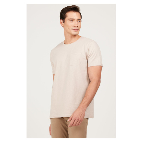 AC&Co / Altınyıldız Classics Men's Beige Slim Fit Narrow Cut 100% Cotton Crew Neck T-Shirt with 
