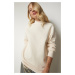 Happiness İstanbul Women's Cream Stand-Up Collar Basic Shark Sweatshirt