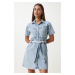 Happiness İstanbul Women's Light Blue Belted Denim Dress