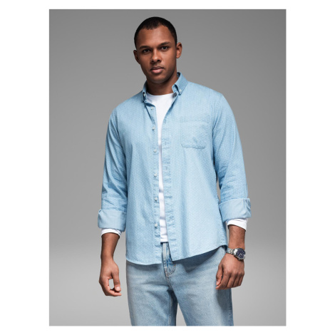 Ombre Men's patterned thin denim shirt with pocket - light blue