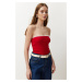 Trendyol Red Ribbed Strapless Collar Woven Garnish Fitted Cotton Crop Knitted Blouse