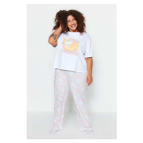 Trendyol Curve Pink Printed Knitted Pajama Set