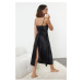 Trendyol Black Back Slit Detailed Stoned Rope Strap Satin Woven Nightgown