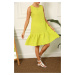 armonika Women's Neon Green Linen Look Textured Sleeveless Dress with Frill Skirt