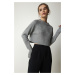 Happiness İstanbul Women's Gray Crew Neck Crop Knitwear Sweater