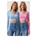 Happiness İstanbul Women's Sky Blue Pink U Neck Ribbed 2-Pack Crop Knitwear Blouse