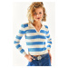 Olalook Women's Sky Blue Polo Neck Thick Striped Knitwear Blouse