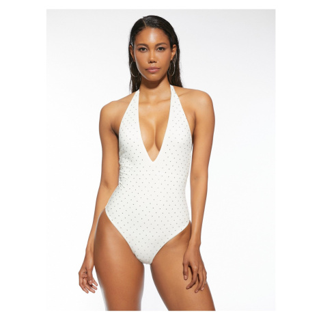 Koton Barbell Neck Swimsuit V-Neck Shiny Stone Embroidered