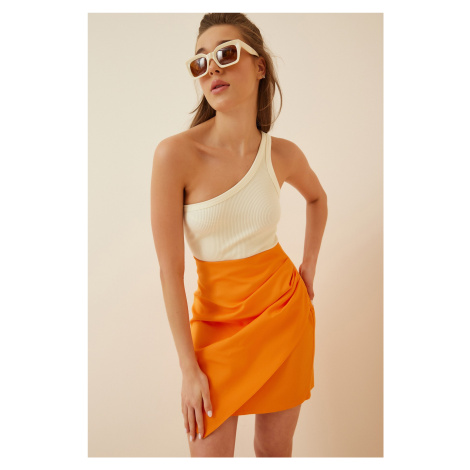 Happiness İstanbul Women's Orange Draped Knitted Mini Skirt