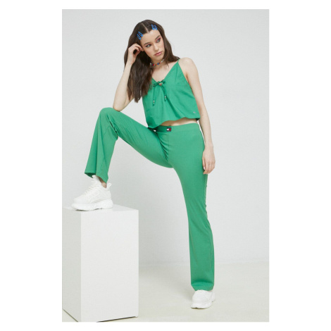 Bavlnená blúzka Tommy Jeans dámska, zelená farba, jednofarebná Tommy Hilfiger