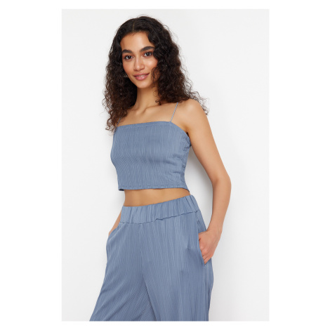 Trendyol Indigo Textured Fabric Strapless Collar Crop Knitted Blouse