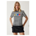 Happiness İstanbul Women's Black And White Printed Striped Knitted T-Shirt