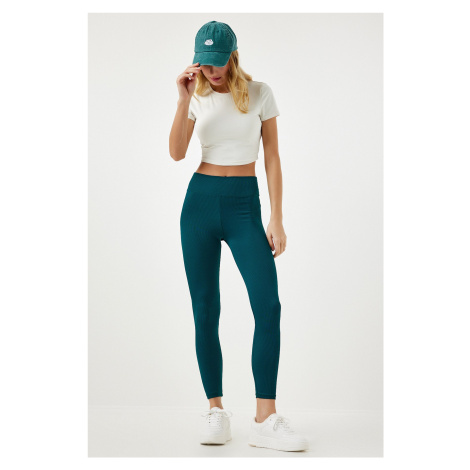 Happiness İstanbul Women's Emerald Green High Waist Ribbed Seamless Knitted Leggings
