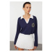 Trendyol Navy Blue Polo Neck Embroidery and Poplin Garni Detailed Oversize/Wide Pattern Knitted 