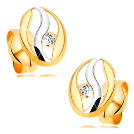 Diamantové náušnice v 14K zlate - obrys oválu s vlnkou z bieleho zlata, briliant