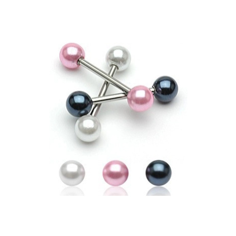 Oceľový piercing do jazyka s farebnými perleťovými guličkami - Farba piercing: Ružová
