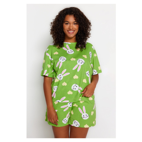 Trendyol Curve Green Rabbit Printed Cotton Knitted Pajamas Set