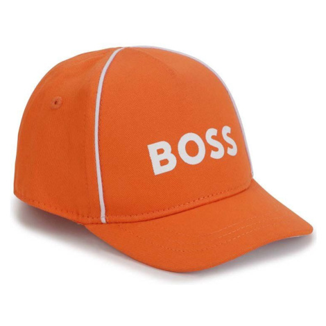 Detská bavlnená čiapka BOSS oranžová farba, s nášivkou