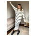 Z3059 Dewberry Womens Striped Long Sleeve Knitwear Dress-WHITE