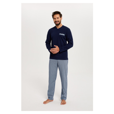 Men's pyjamas Jaromir, long sleeves, long pants - navy blue/print Italian Fashion
