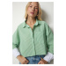 Happiness İstanbul Women's Green Pinstripe Crop Shirt