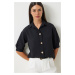 Happiness İstanbul Women's Black Balloon Sleeve Linen Ayrobin Shirt