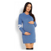 Tehotenské modré šaty s polorolákom a pruhmi na rukáve