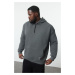 Trendyol Anthracite Plus Size Basic Comfortable Hooded Labeled Polar Fleece Cotton Sweatshirt