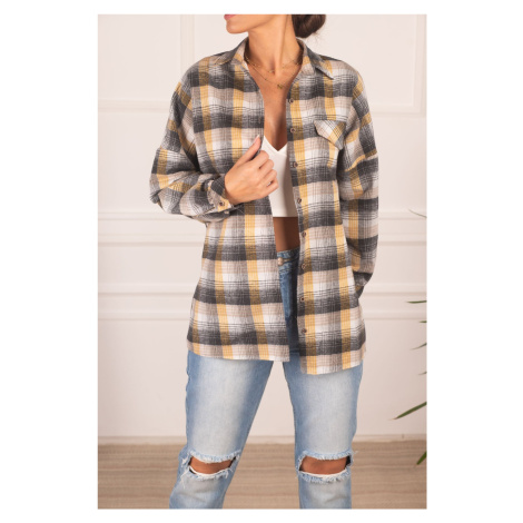 armonika Women's Yellow Plaid Pattern with Pocket Clamshell Oversized Stamped Shirt