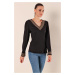 Bigdart 0466 Embroidered V Neck Knitted Blouse - Black