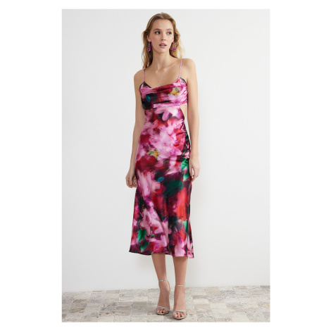 Trendyol Ružovo-viacfarebné tkané saténové elegantné večerné šaty s kvetinovým vzorom