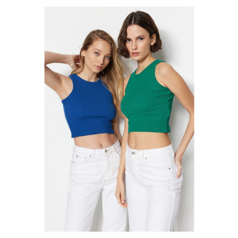 Trendyol Navy Blue-Green 2-Pack Fitted Crop Barbell Neck Ribbed Knitted Undershirt