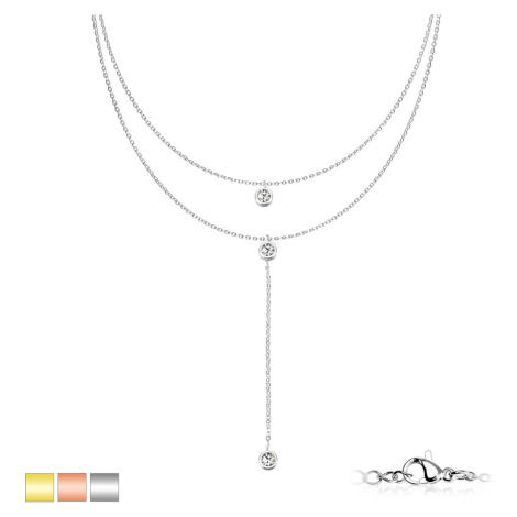 Dvojitý náhrdelník z chirurgickej ocele - číre krištáliky v objímkach, PVD, karabínka - Farba: Z