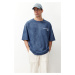 Trendyol Indigo Oversize/Wide Cut Faded Effect Text Printed 100% Cotton T-Shirt