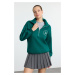 Trendyol Emerald Green Slogan Printed Oversize/Wide Fit Thick Inside Fleece Knitted Sweatshirt